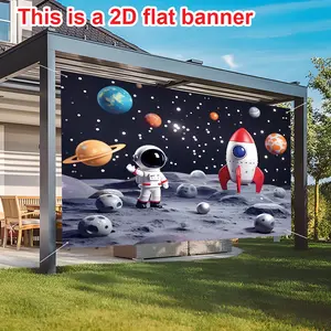 Space Theme Birthday Party Background Banner, Cartoon Outer Space with Planets, Rockets, Stars, Boy Celebration Photography Backdrop