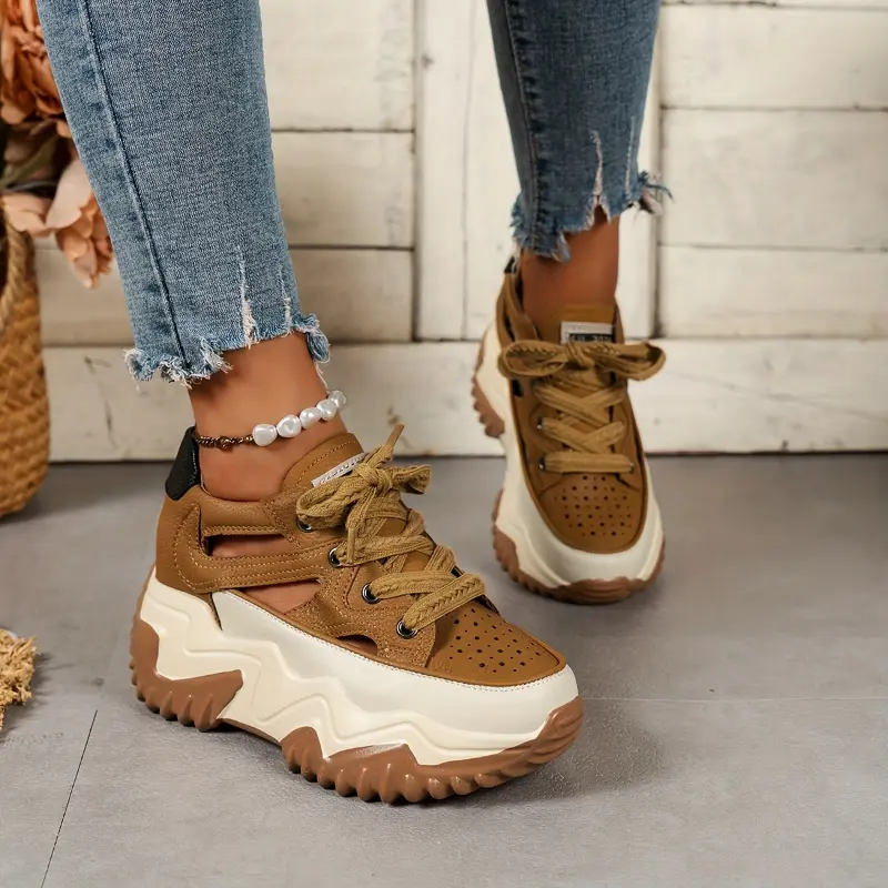 [Breathable Platform Sneakers] High Heel Women's Casual Lace-Up Platform Sneakers - Breathable Hollow-Out Design, Microfiber Upper/Inner/Insole, PU Sole, Solid Color, Strappy Back, for Summer Fashion Shoes