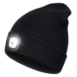 LED Beanie Hat With Light, USB Rechargeable Winter Knit Headlight Hats Gift For Men, Women Cotton