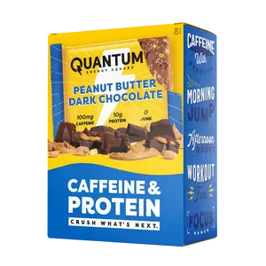 Quantum Energy Square Healthy Protein Energy Bars Peanut Butter Dark Chocolate 8Pk Snack - Organic Caffeine with Balanced Macronutrients, 10g Plant-Based Protein, Vegan, Gluten-Free, Non-GMO