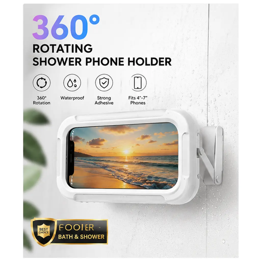 360° Rotating Waterproof Shower Phone Holder, No-Drill Adhesive Wall-Mounted Hands-Free Stand for 4–7″ Smartphones, Bathroom, Bathtub, Mirror & Kitchen
