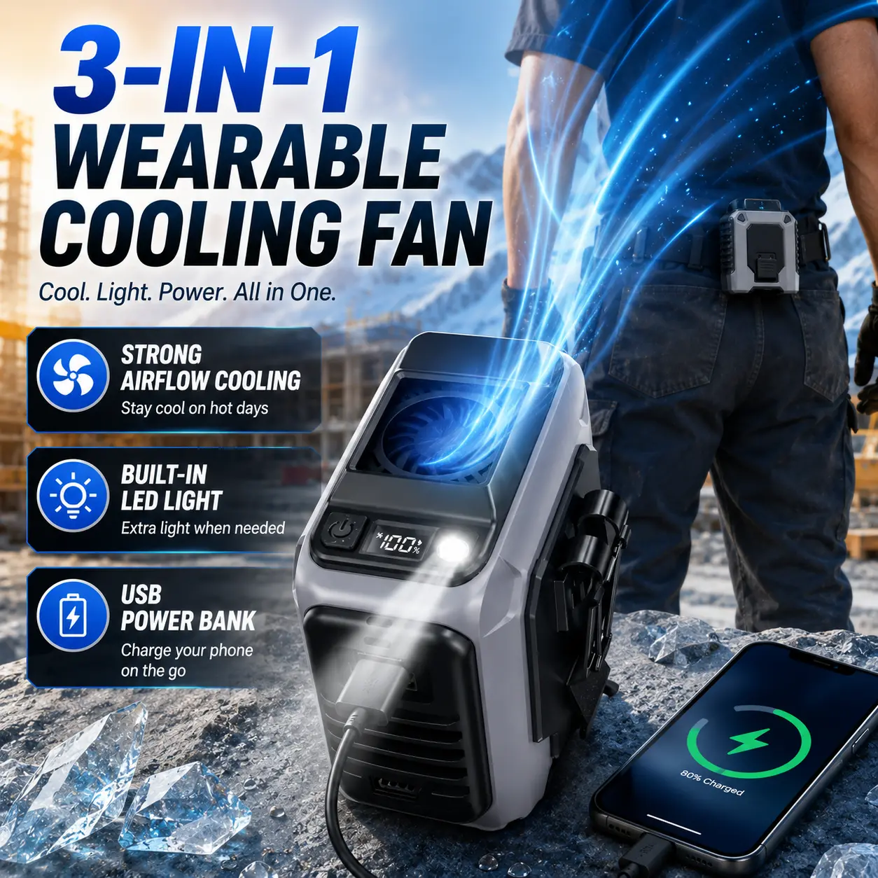 3-in-1 Wearable Waist Fan with LED Light & Power Bank, 100-Speed Rechargeable Clip-On Portable Cooling Fan for Outdoor Work, Camping, Delivery, Fishing & Hot Weather
