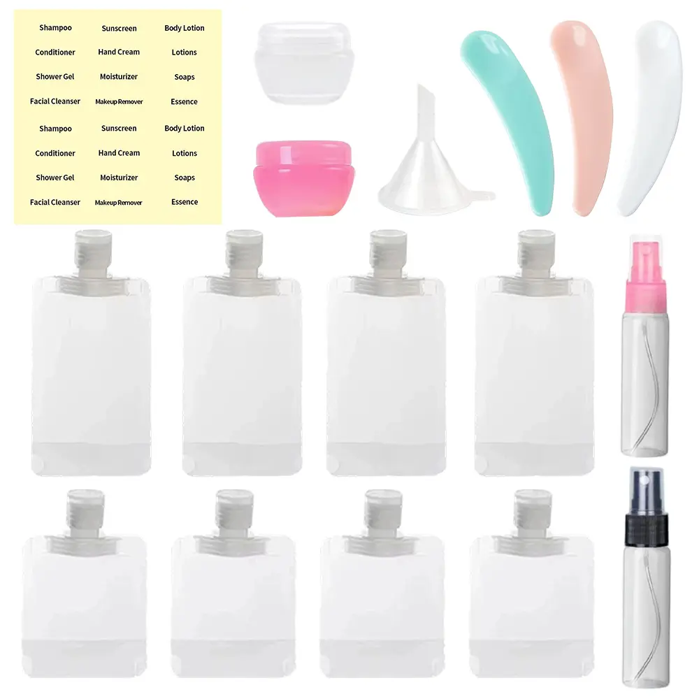 Portable 17 Pcs Makeup Toiletry Pack - Lightweight, Compact, Durable Travel Cosmetic Kit with Leakproof Refillable Squeeze Bottles, Small Cream Jars, Fine Mist Spray Bottles, Funnel, Applicator Stick & Labels for Airplane, Business Trip