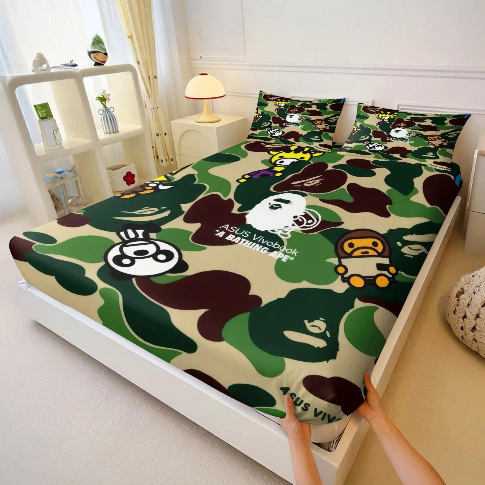 Camo Cartoon Mascot Fitted Sheet Set, Includes 1 Fitted Sheet & 2 Pillowcases, No Filling, Streetwear Ape Print Bedding Set, Cool Hip Hop Bed Sheets Set, Stylish Bedroom Decor for Teens, Dorm Trendy