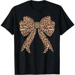 Coquette Leopard Bow Graphic T-Shirt for Women, Casual Fitted Round Neck Shortsleeve Cotton Blend Top for Ladies