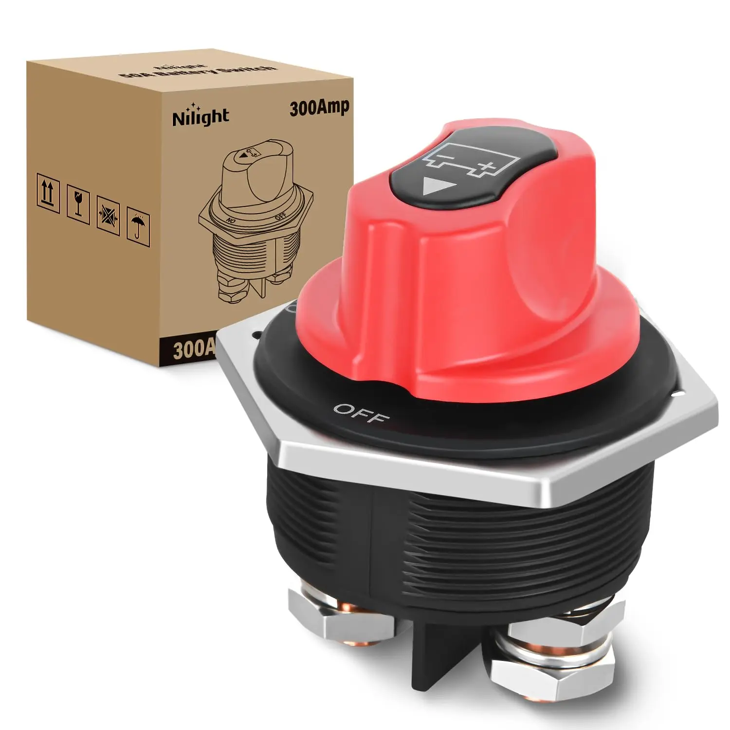 Nilight 300A Vehicle Battery Disconnect Switch, M10 Terminals, 12V-48V Stud-Mount ABS Plastic Power Cut-Off Isolator, Waterproof Heavy-Duty for Marine, Car