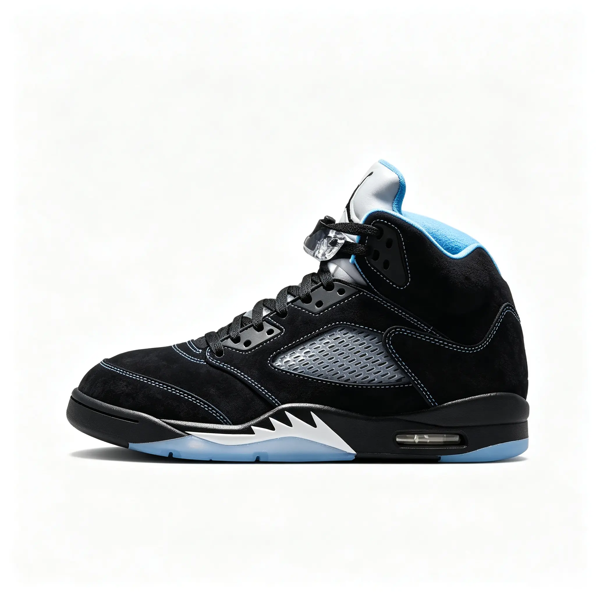 Black Blue High‑Top Basketball Sneakers, Premium Suede Upper, Transparent Mesh Side Panels, Ice‑Blue Outsole, Lace‑Up Closure, Shock‑Absorbing Cushioning, Retro Street Athletic Footwear