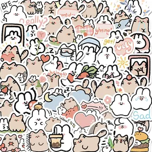 60pcs Cute Cartoon Cat & Rabbit Series Stickers, Funny Stickers, DIY Waterproof Decorative Stickers for Laptop, Guitar, Water Bottle & Skateboard, Sticker Packs, Sticker Sheets, Heart, Beige