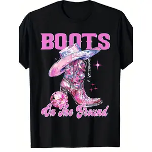 Summer t Shirts Women's Western Style Bling Graphic T-Shirt with Cowgirl Boots Design Pure Cotton Soft Crew Neck Tee Machine Washable Sizes S to XXXL Perfect Gift for Western Lovers Casual Wear Glittery Print Breathable Shirt