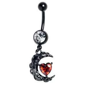 Clear Red Gem Black Heart Scroll Moon Dangle Belly Ring