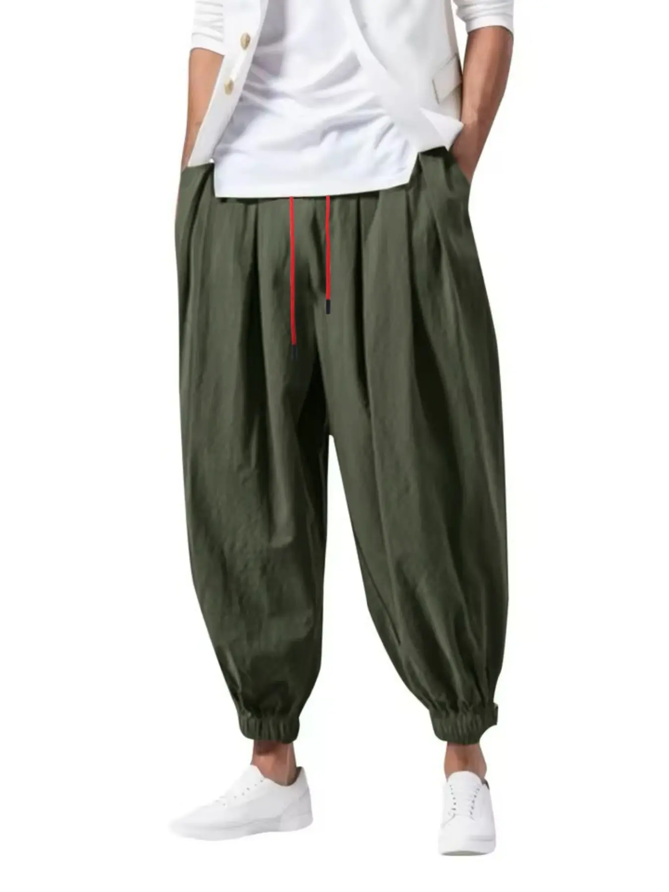 Men's Linen Cotton Harem Pants, Casual Loose Fit Trousers with Elastic Drawstring Waist, Casual Comfy Elastic, Casual Solid Drawstring, Breathable Lightweight Jogger Pants for Summer, Beach, Yoga & Streetwear