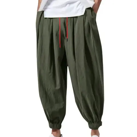 Men's Linen Cotton Harem Pants, Casual Loose Fit Trousers with Elastic Drawstring Waist, Casual Comfy Elastic, Casual Solid Drawstring, Breathable Lightweight Jogger Pants for Summer, Beach, Yoga & Streetwear, Drawstring Track Pants