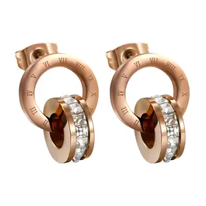 OIDEA Roman Numeral Double Ring Stud Earrings, Stainless Steel and Cubic Zirconia Earrings for Women, Elegant Style