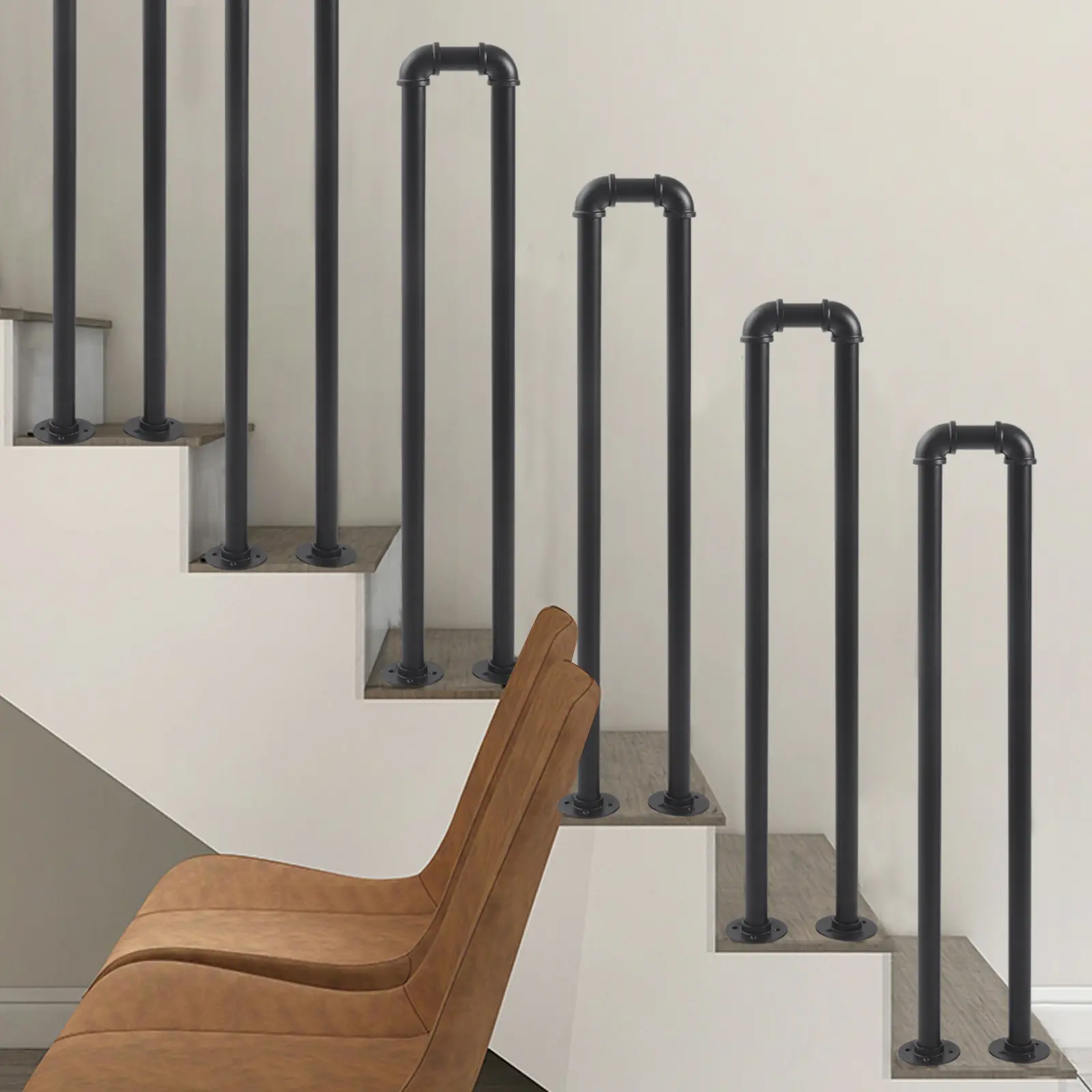 summerwins Matte Black Smooth Finish Galvanized Steel Handrail, Heavy-Duty U-Shaped Wall-Mounted Grab Bar with Flanges, Corrosion Resistant, 20x85cm/7.87x33.46in, 110 lbs Load Capacity, Long Service Life, Elderly Assistance for Indoor Stairs