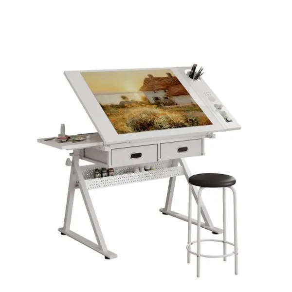 Modern Rectangular Adjustable Drawing Drafting Table Desk with 2 Drawers, MDF-Metal Build, Included Stool for Home Office & School Use (Single Seat)