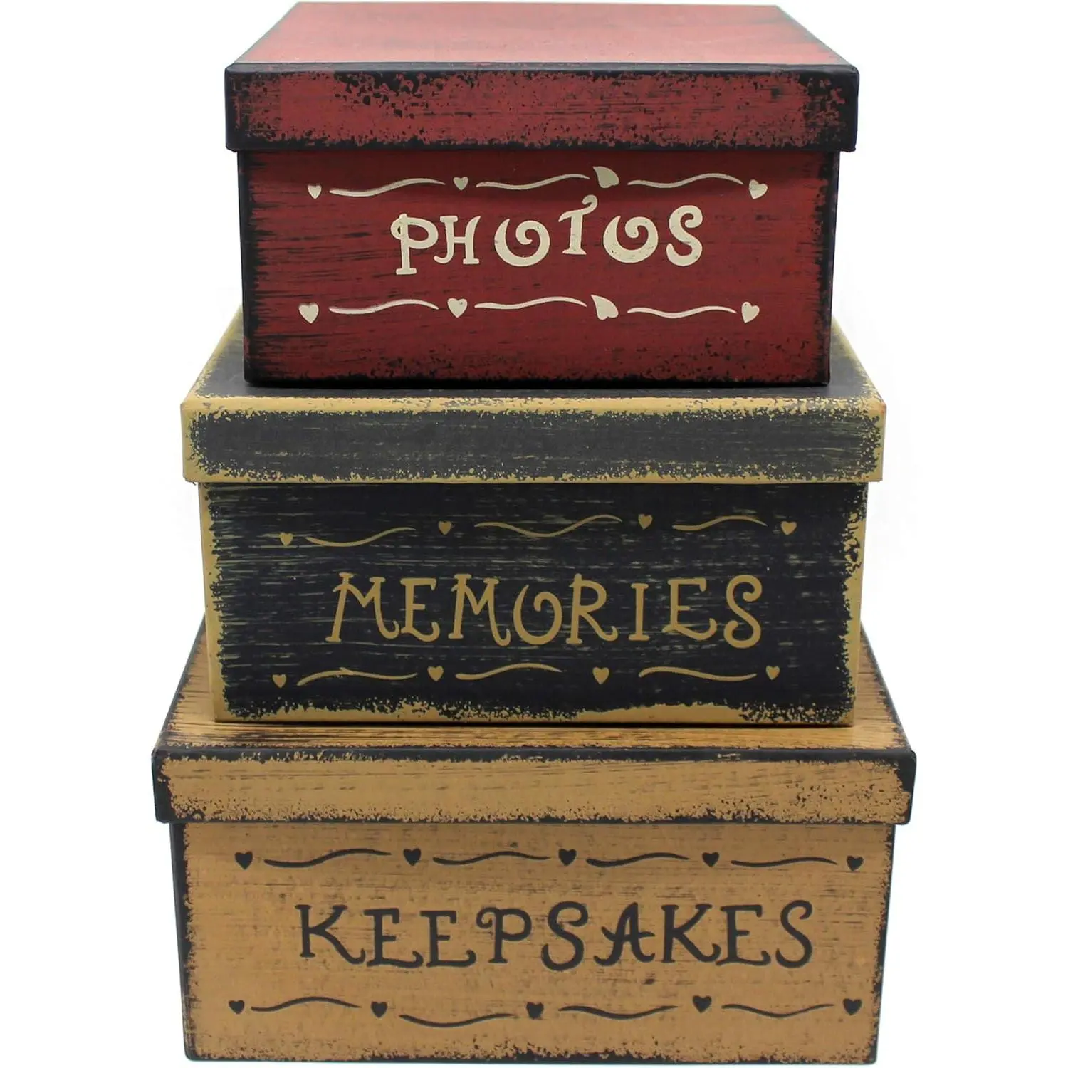 Primitive  Square Photos, Memories, Keepsakes Cardboard Nesting Boxes, Large 9 X 9 X 4-1/2 Inch. Set of 3.