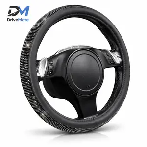 DriveMate Bling Diamond Steering Wheel Cover, Sparkly Crystal Rhinestone Leather Wheel Protector, Universal Fit 14.5-15 Inch for Women, Cars SUVs Trucks Vans, Black
