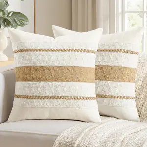 Set of 2 Decorative Pillow Covers Boho Farmhouse Couch Throw Pillows Cotton Cushion Covers Woven Home Decor for Bed Sofa Chair 20x20 Inch Neutral