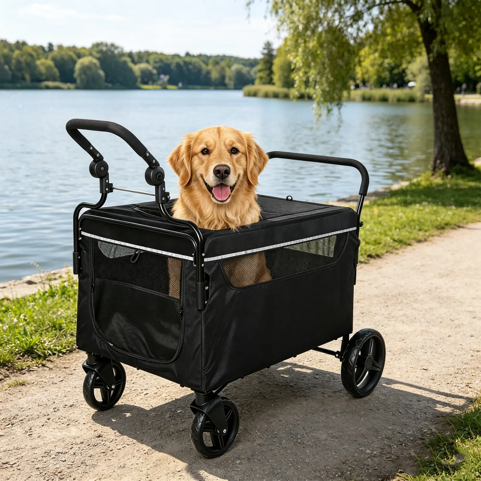 2 in 1 Dog Wagon Stroller with Ramp | Collapsible All-Terrain Pet Cart for Medium & Large Dogs | Push-Pull Design, One-Step Brake & 360° Swivel Wheels with Breathable Mesh Windows