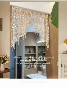 No-hole floral lace arched curtain valances adorned with crystal beads, vintage-style fringed door curtains, ethereal tulle curtains, and cozy bedroom decor—the perfect gift for renters