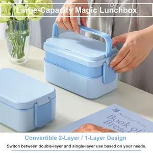 Bento Box with Spoon Fork, Stackable 2 Layer 3 Compartments Leak Proof Lunch Box, Meal Prep Container Box for Adults Kids Students Office Microwave Dishwasher Safe