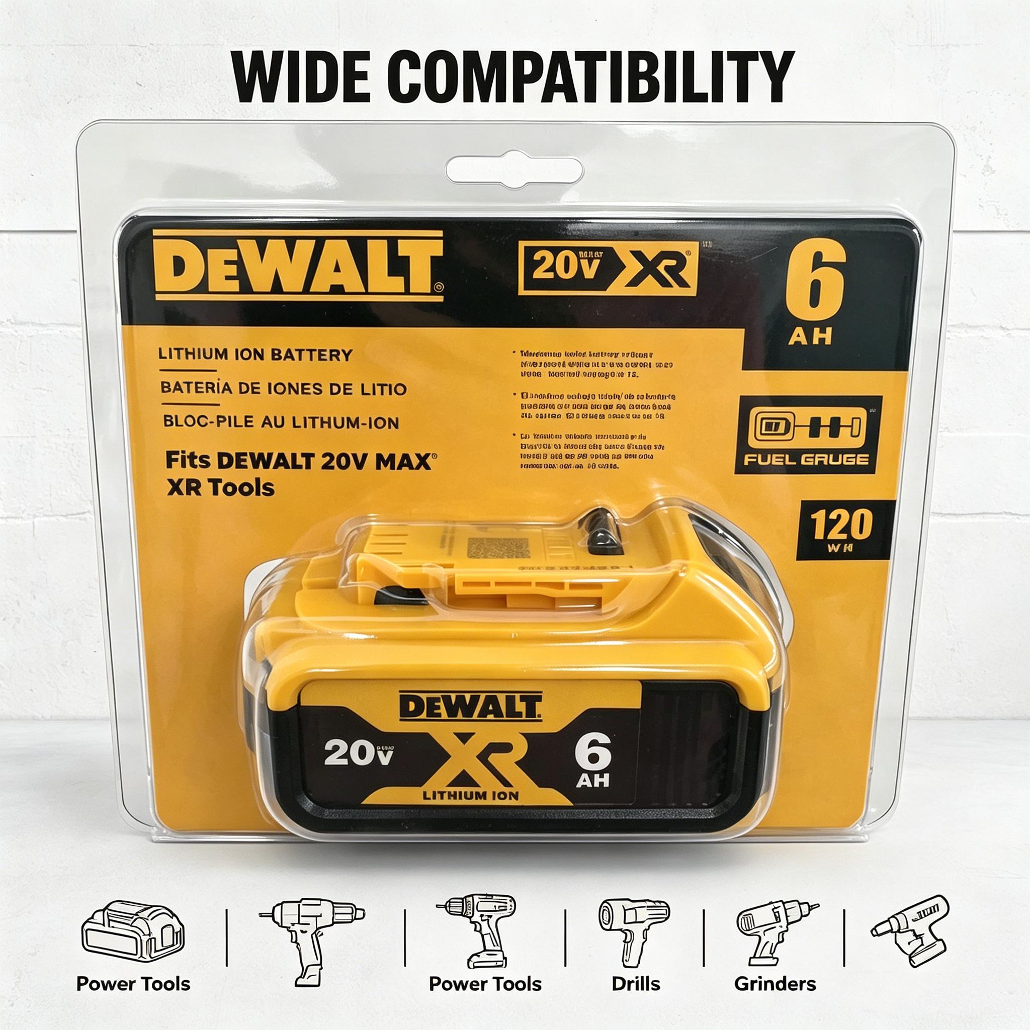 DeWalt DCB206 20V 6.0AH lithium-ion battery. Compatible with 20V power tools. Suitable for use with handheld drills, angle grinders, blowers, impact wrenches, and other DeWalt power tools. Durable, shock-resistant, and reliable.
