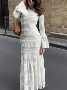 Women's Elegant Slim-Fit Plain Woven Dress, Fall Fashion Bell Sleeve Long Dress, Casual Daily Wear, Comfortable & Stylish Design