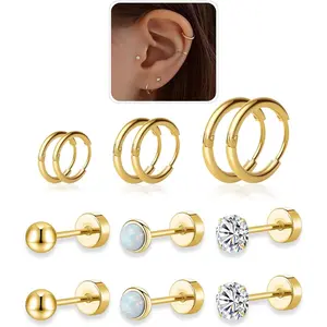 Flat Back Stud Earrings and Small Hoops Earrings Sets for Multiple Piercing for Women Men,Lightweight  Plated Small Huggie Hoop Earrings Flat Back Tiny 4mm Ball/Opal/Cubic Zirconia Stud Earrings for Cartilage, Helix, Lobe,Hypoallergenic(6 Pairs)…