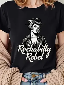 Women's Retro Rockabilly Graphic T-Shirt, Vintage-Inspired Casual Sporty Tee, Bold 'rockabilly Rebel' Print, Soft Stretch Fabric, All-Seasoncomfort