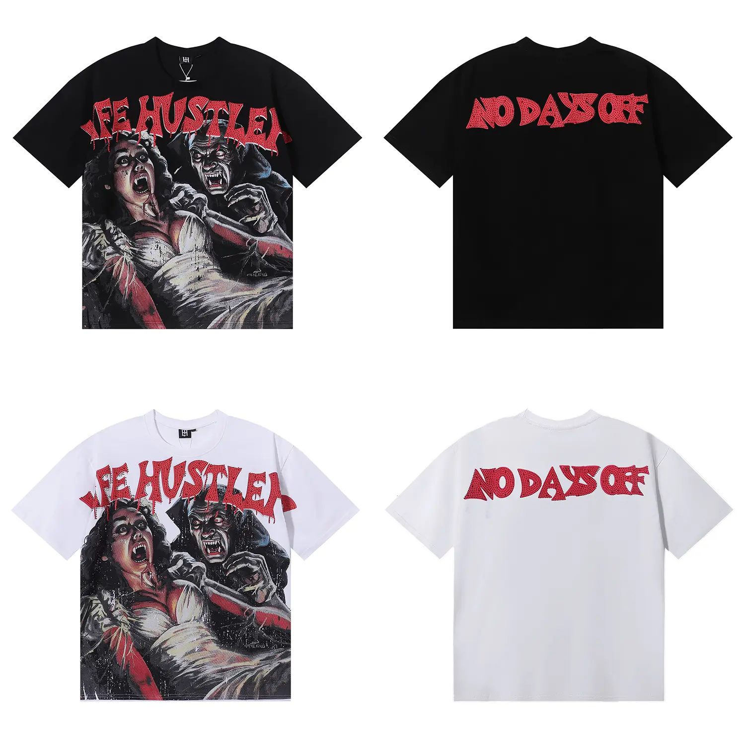 Life Hustlers Gothic Vampire Attack Graphic T-Shirt, Screaming Woman and Night Creature Horror Artwork with Red Crystal Lettering, Black White Double Sided Tee for Men and Women, Vintage Horror Y2K Streetwear Fashion Accessories