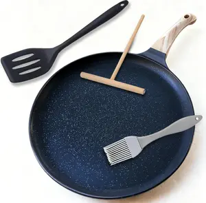 11.2 Inch Nonstick Crepe Pan Set with Granite Coating, Flat Dosa Skillet Tawa Griddle for Pancake Scone Tortillas, Induction Compatible, PFOA Free