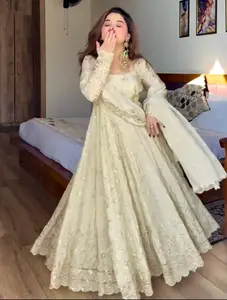 Ivory Chinon Silk Embroidered Anarkali Gown Set for Women