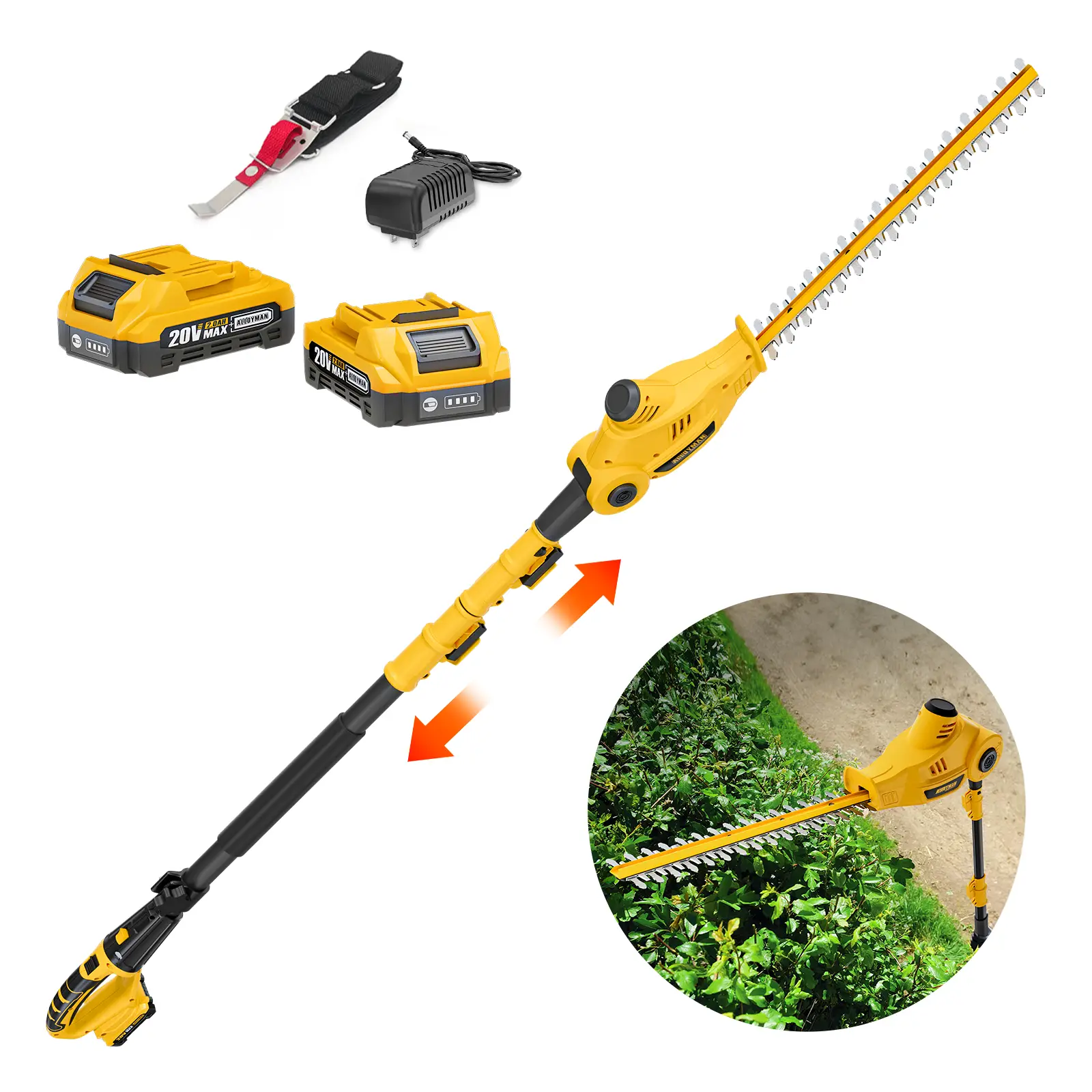 Alloyman 20V MAX Pole Hedge Trimmer,Telescoping Pole Hedge Trimmer,with 2 Packs 2.0Ah Batteries & Charger,8 Feet Hedge Trimmer for Shrubs Pruning