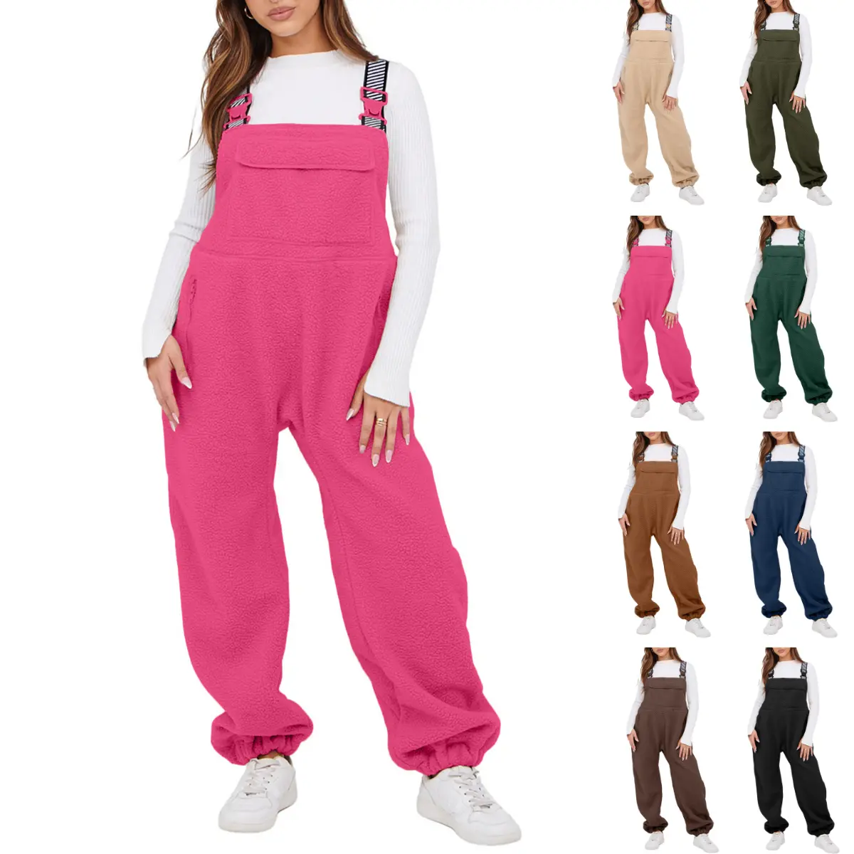 Molitree Women's Sherpa Fleece Overalls Warm Winter Loose Fit Jumpsuit Cozy Bib Pants with Adjustable Straps and Pockets Coveralls Casual