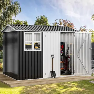 【Dealsforyoudays】Yitahome 8x6FT Large Tool Storage Shed with Upgraded Steel Framework, with Window, Lockable Doors, Sloped Roof, Gray & White for Garden Patio Garage Backyard Lawn