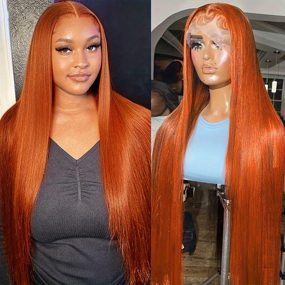 Bling Hair Bone Straight Ginger Orange 13x6 Lace Front Human Hair Wigs 33# Colored Preplucked Wig Transparent 13x4 Straight Lace Frontal Wigs For Women 180Density