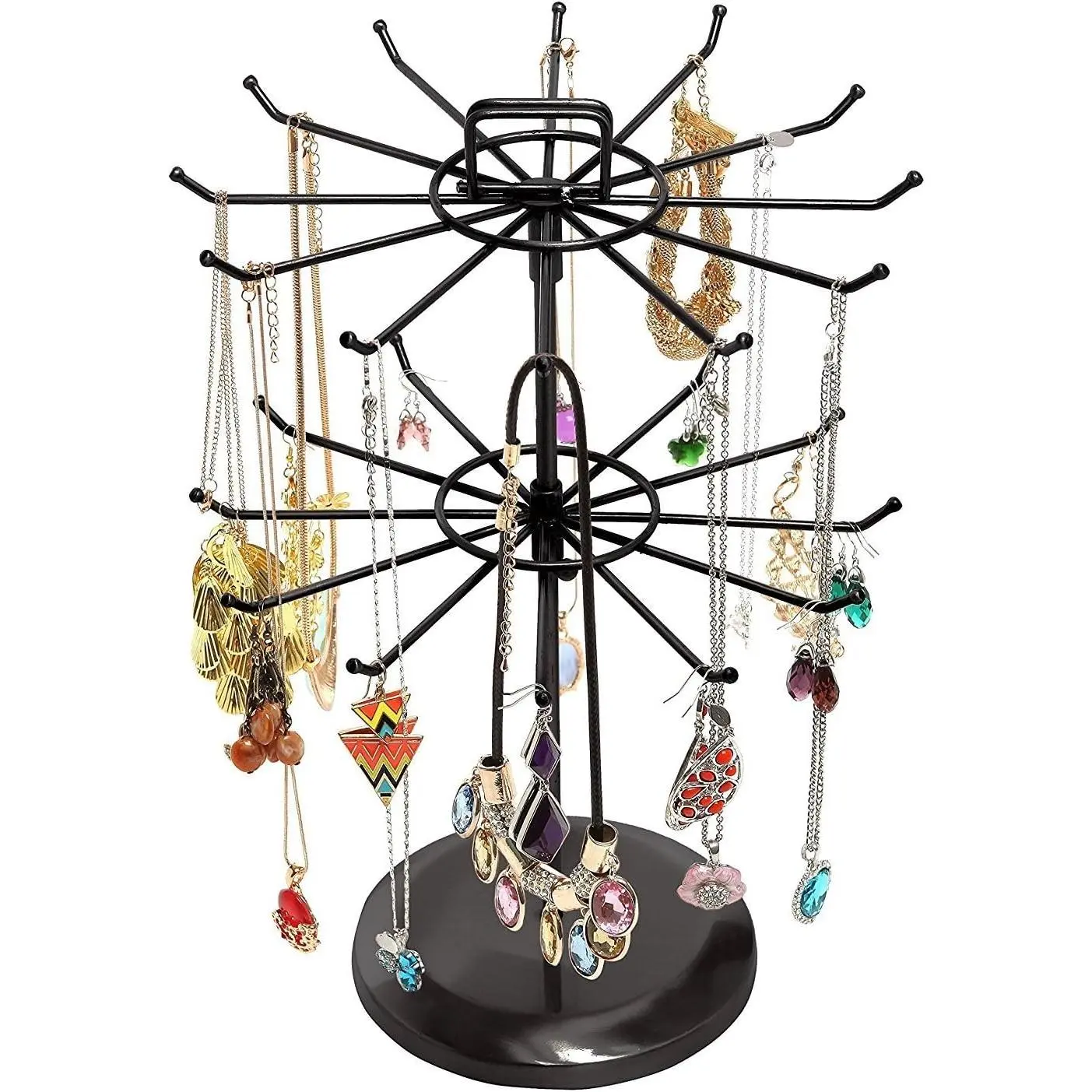 2 Tier Black Metal Rotating Necklace Stand with Handle Card Holder | Bracelet Jewelry Tree Stand with 24 Hooks, Multipurpose Accessory and Keychain Spinning Display, Boutique Vendor Craft Shows