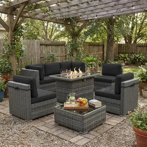 【5 Packages Shipping】LayinSun 8 Piece Patio Furniture Set with 44" Propane Gas Fire Pit Table, Outdoor Sectional Conversation Set Wicker Rattan Sofa Set with Coffee Table
