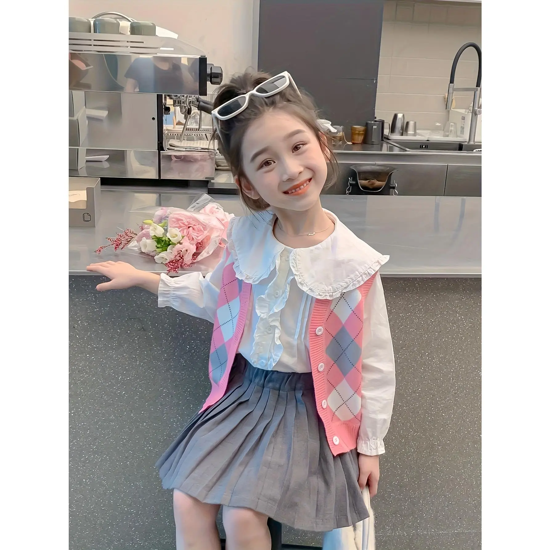 Girls' Casual V-Neck Rib Knit Sweater Vest - Sleeveless Full Print Casual Wear Top, Regular Fit, Micro Elastic Polyester Elastane Fabric, Hand Wash Safe, for 11-12 Years