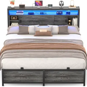 Aheaplus New Bed Frame 【TOP Sale】 with LED Lights & Power Strip- Storage Headboard Bed with Sliding Doors, New Metal Platform Bed Frame, No Box Spring Needed, King Size, Queen Size and Full Size to Choose