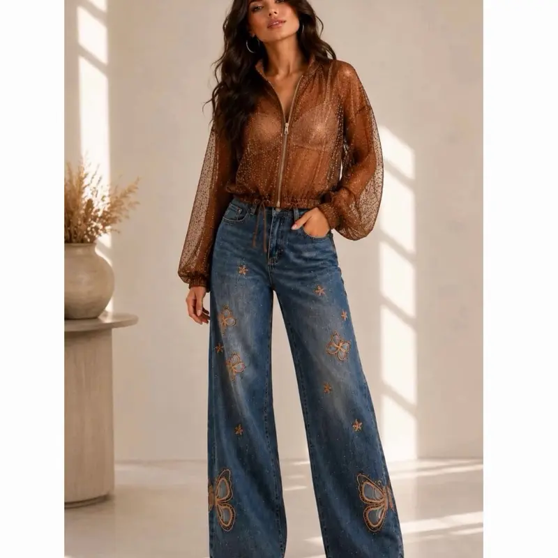 Women's Minimalist Butterfly Embroidery Trousers - Lady's Casual Clothes, Comfortable Fabric Outfits, Womenswear Bottoms No Stretch
