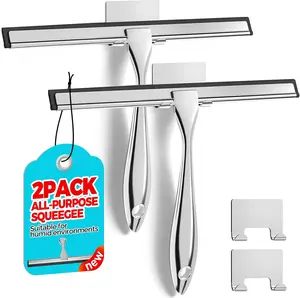 2-Pack Stainless Steel Shower Squeegee, 10-in Cleaning Tool for Glass Doors, Windows, Bathroom Tile, Mirrors & Car Windshields, Silver