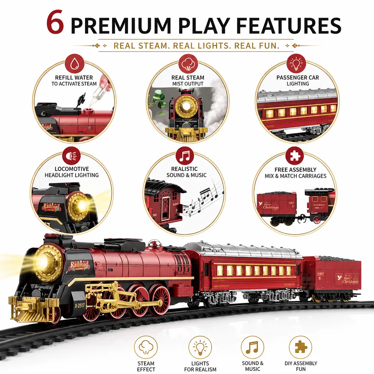 Electric Train Set for Kids with Remote Control, Christmas Lighted Railway Train Set with Remote Control, Steam Mist Electric Toy Train with Sound & Whistle for Kids Gift  Kids Christmas Trains Tracks Toys for Christmas