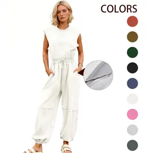 Womens Casual Jumpsuit Crewneck Cap Sleeve Long Wide Leg Pants One Piece Outfits Drawstring Romper with Pockets clothes summer shirts women basic style