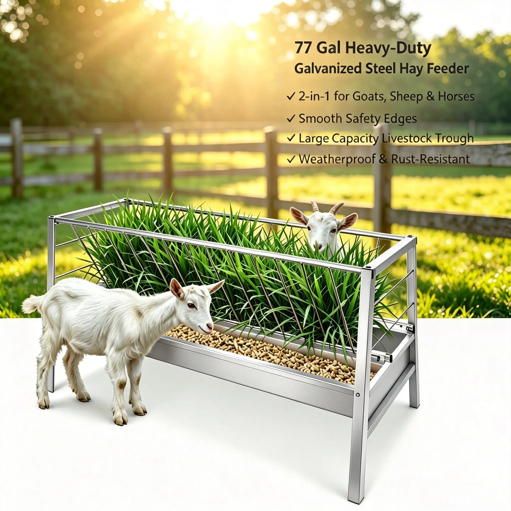 77 Gal Large Capacity Hay Feeder, Galvanized Steel Livestock Feeder for Goats Sheep Horses, 2-in-1 Farm Animal Feed Trough with Heavy Duty Frame & Safety Edges
