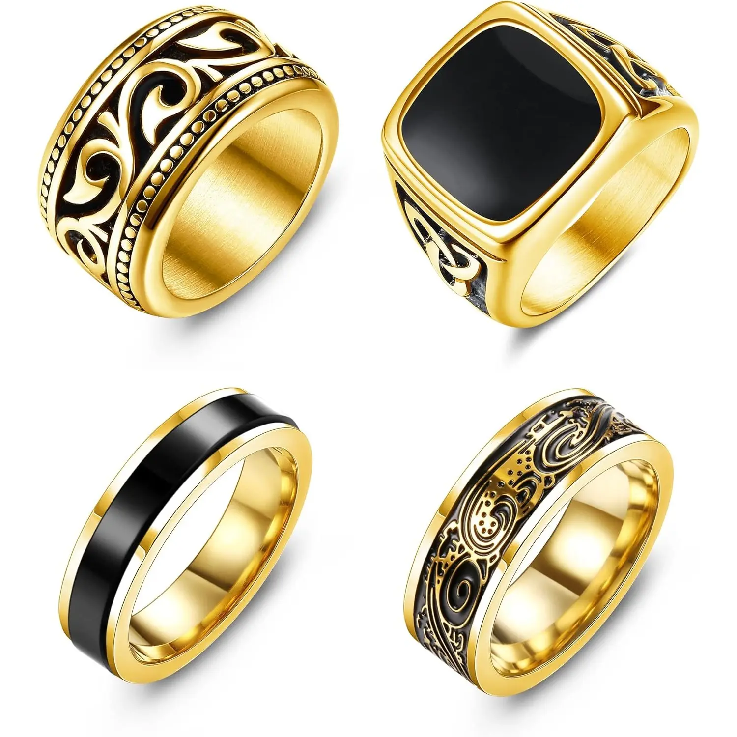 MILACOLATO 4Pcs Stainless Steel Vintage Signet Rings for Men Biker Rings Set Pinky Thumb Celtic Band Ring Spinner Ring Silver Gold Polished Edge Mens Rings for Men Jewelry Gift, Daily, Elegant summerwins