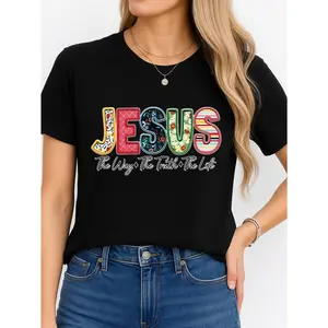Women's Crew Neck Shortsleeve Cotton Tshirt - USA-Made, Solid Black, Minimalist Religious Statement Top with "Jesus The Way The Truth The Life" Print, Comfortable Breathable Everyday Streetwear Tee for Versatile Outfits