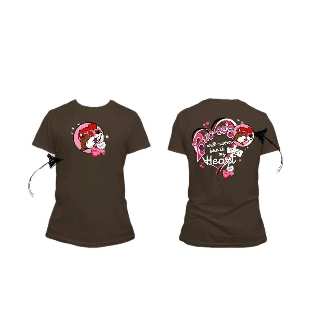 Buc-Ees Women's T-Shirt "buc-ees ill never brake my heart" in Brown with Cartoon Character Design - Top, Womenswear Tshirt