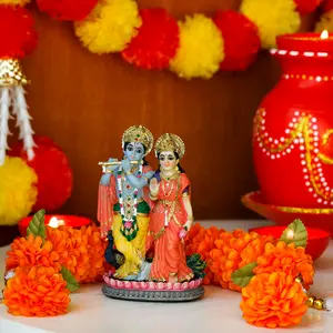 Indian Murti Radha Krishna Statue - 4.9”H Hindu God Radha Krishna on Lotus India Pooja Item Home Office Temple Mandir Shrine Altar Diwali Puja Decor Ideal Wedding Gift for Indian Friend Relative