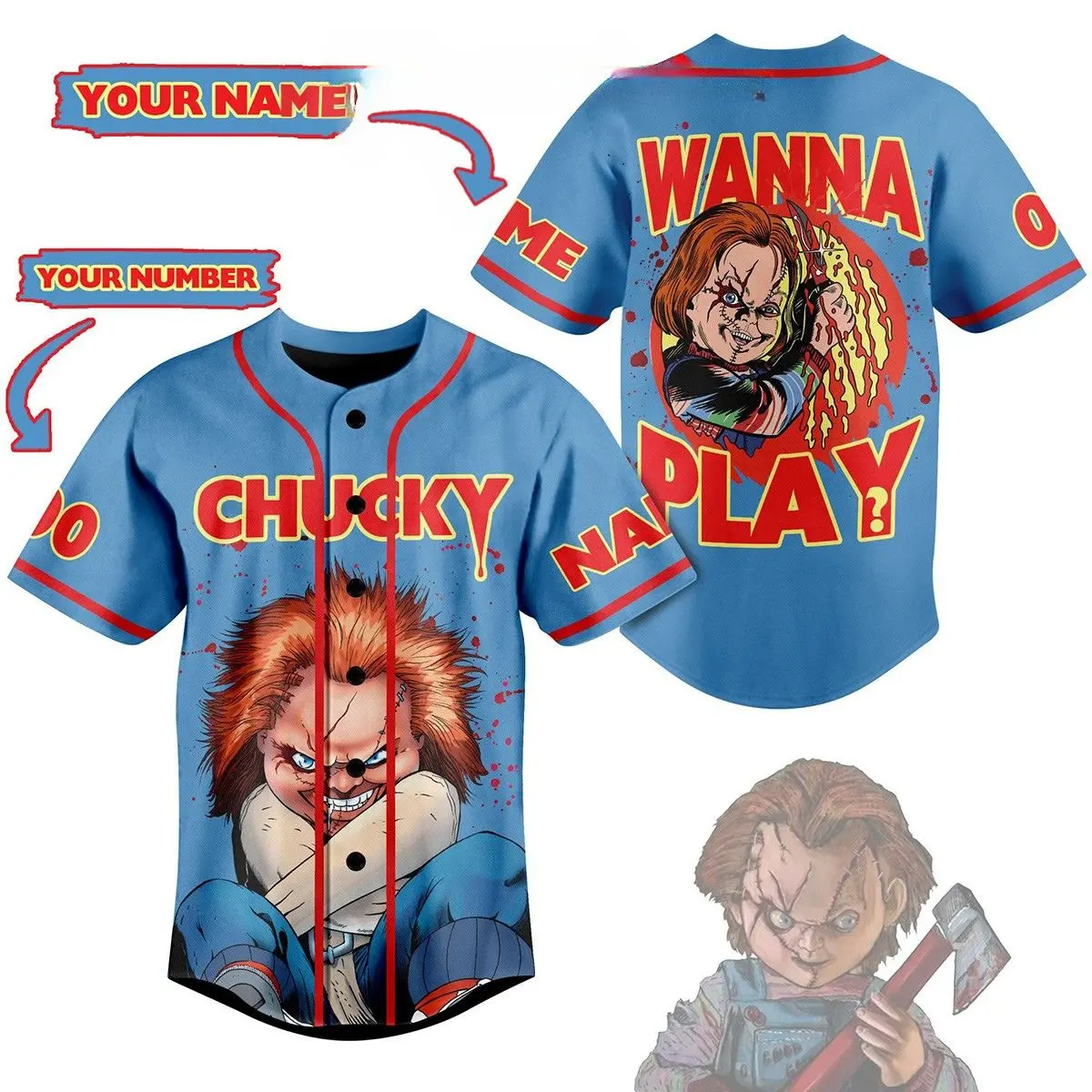 Custom Chucky Child Play Full-Button Baseball Jersey - Personalized Vintage Horror Franchis Child Play Shirt - Chucky Jersey Halloween Edition